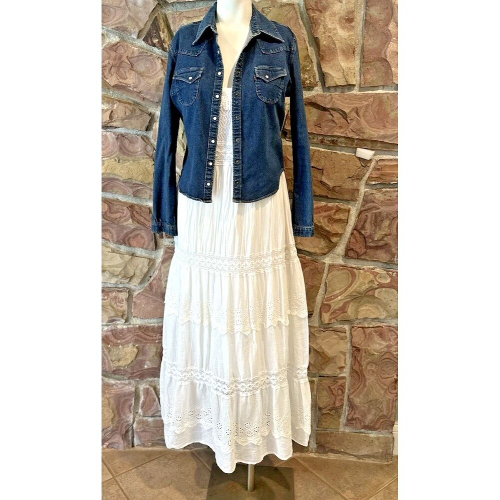 Dreamers Embroidered Star Tiered Cotton Gauze Prairie Dress Sz M Beach EUC